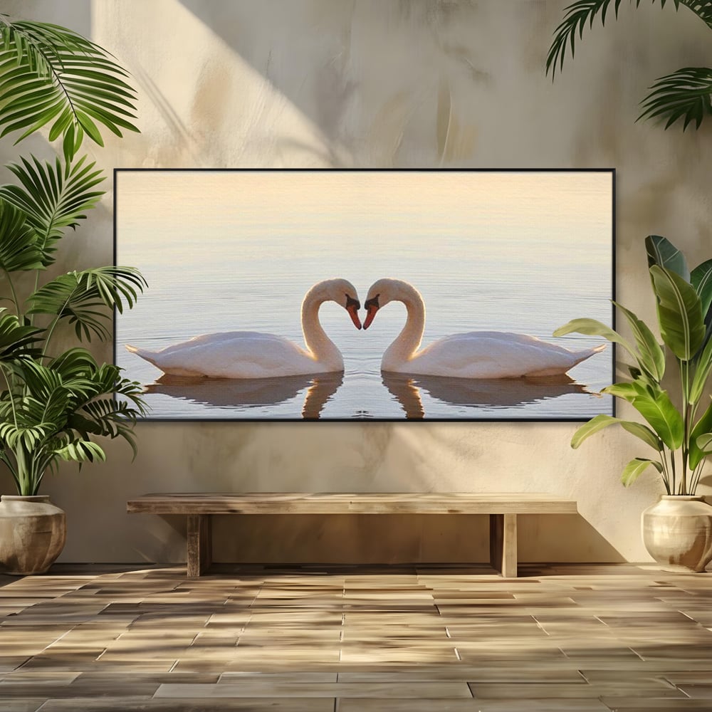 Tablou canvas cu tablou canvas cu lebede pe lac, in rama de aluminiu negru